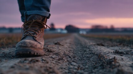 Person wearing sturdy brown leather boots walks down a dirt path at dusk