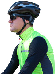 A man in clothes stands with a bicycle on an autumn sunny day. Cyclist in an urban environment.
