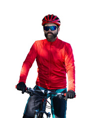 A man in clothes stands with a bicycle on an autumn sunny day. Cyclist in an urban environment.