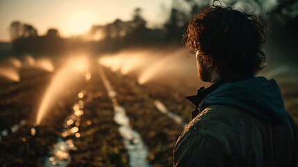Farmer watches irrigation system spray water on crops at sunrise golden hour
