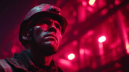 Miner with sweat and dirt on face illuminated by red light