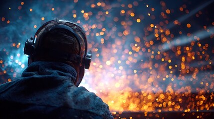 Welder wearing protective gear looking at a bright fiery spectacle of sparks