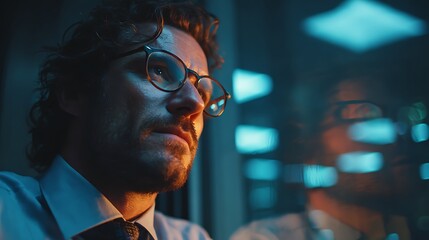 Man in glasses looking out a window at night with city lights reflection