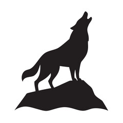 Howling wolf silhouette on rocky hill