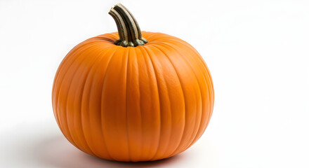 Obraz premium A vibrant orange pumpkin sits on a stark white background, showcasing its smooth skin and distinct vertical ridges.
