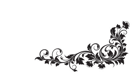 Ornate floral corner design with leaves and flowers in black and white, vector.