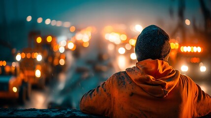 Man in orange hoodie and beanie watches city lights at night with bokeh effect