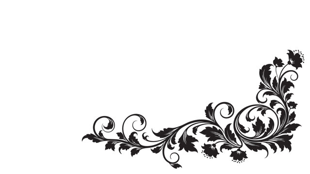 Ornate floral corner design with leaves and flowers in black and white, vector.