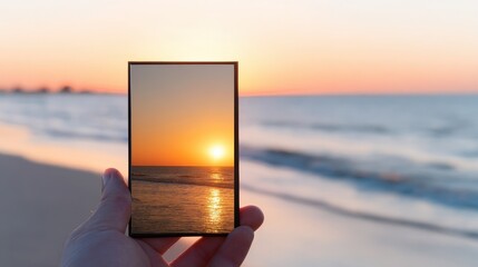 Hand holding a smartphone displaying a sunset over the ocean with waves in the background