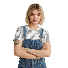 Confident friendly young woman with short blonde hair and arms crossed smiling on isolated transparent background.