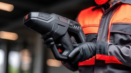 Worker in safety gear holding a handheld device in a modern industrial setting