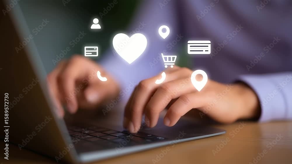 Poster hands typing on a laptop keyboard with digital user profile icons overlayed.
