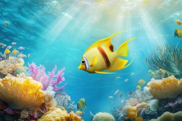 Obraz premium Vibrant yellow fish swims gracefully among colorful coral in clear ocean waters