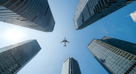 Naklejka premium Airplane flying over skyscrapers against a clear blue sky in an urban city environment low angle view