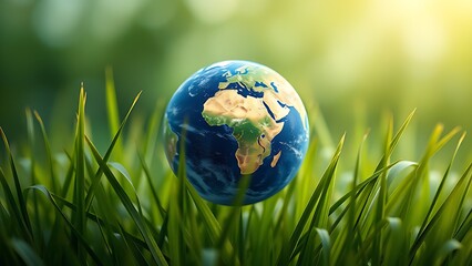 A small earth sphere floats among grass blades, surrounded by a dreamy green background.