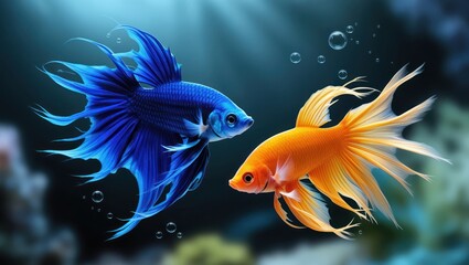 Two vividly colored fish, blue and orange, in an underwater scene
