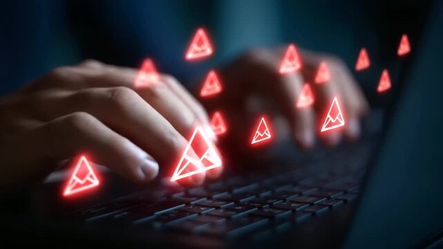 Hands typing on a keyboard with digital email notifications and icons floating around.