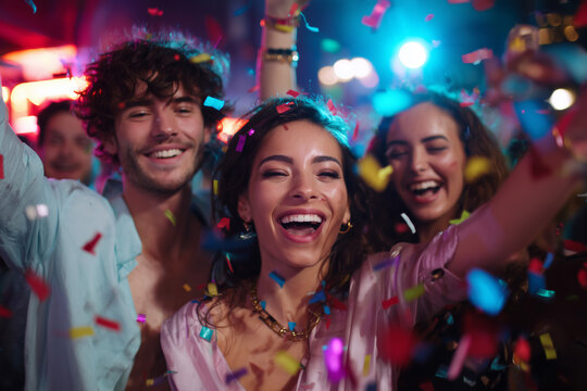 Happy young friends enjoying a lively party with colorful confetti and vibrant lights, celebrating and having fun together