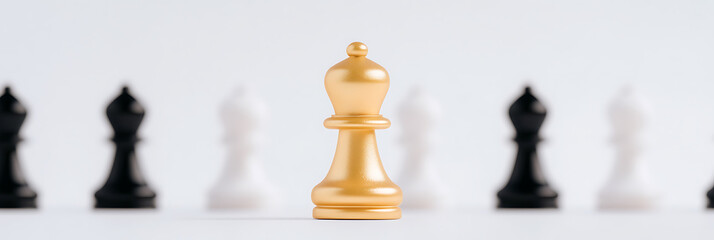 Fototapeta premium Golden chess piece bishop stands out among black and white chess pieces. Leadership, strategy, and uniqueness are portrayed. Contrast and focus emphasized.