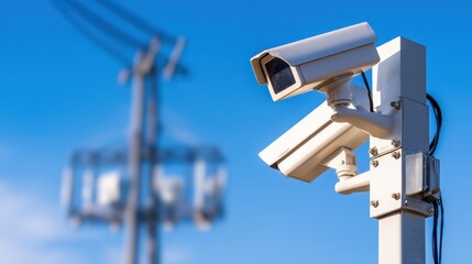 Surveillance cameras mounted on a pole against a clear blue sky with power lines in the background