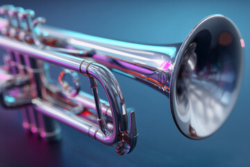 Close-up of a shiny silver trumpet with colorful reflections on a smooth blue surface background