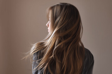 Fototapeta premium Profile of a young woman with long flowing hair looking away against a neutral background