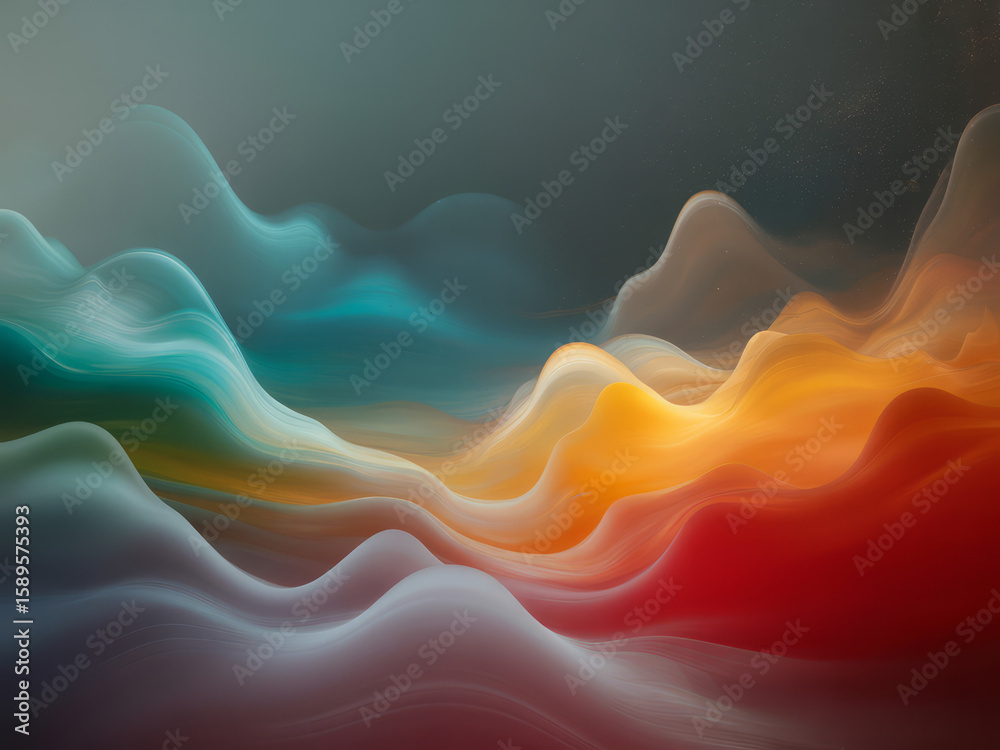 Fototapete abstract fluid gradient waves in teal yellow and red on gray background