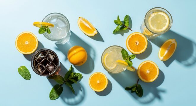 Refreshing summer drinks with ice, lemon, orange slices, and mint leaves arranged on a bright blue background.