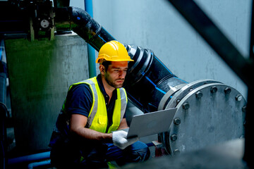 Engineer or technician worker use laptop to check pipe system of factory building during raining.