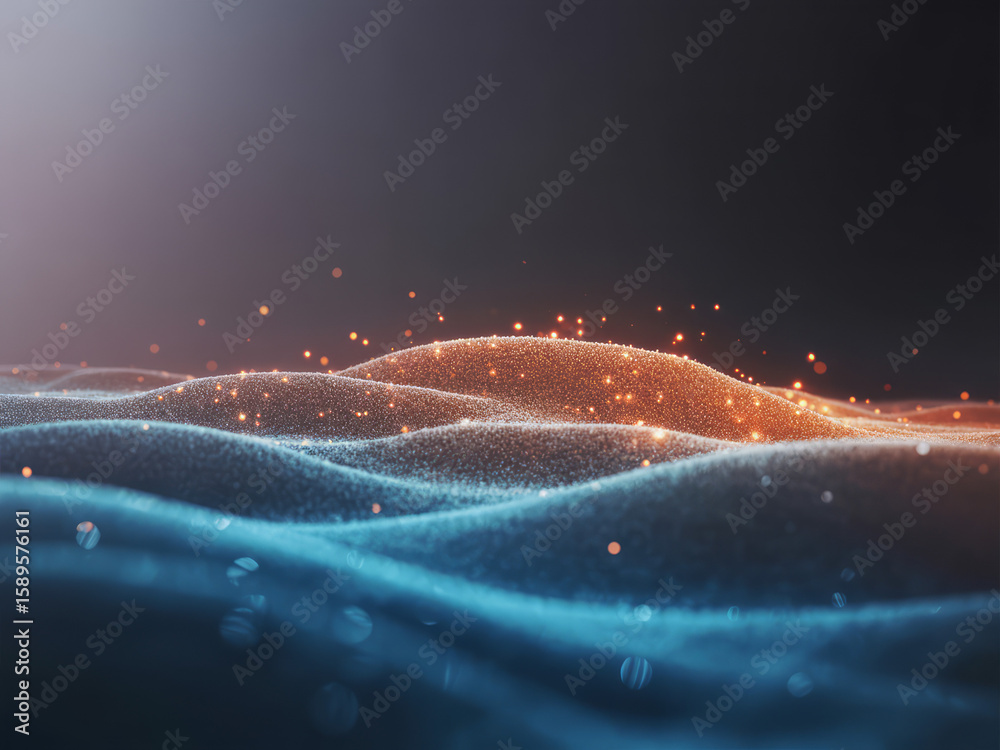 Fototapete abstract glowing particle waves in blue and orange with dark background