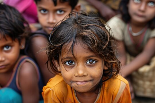 Young indian girl with soulful eyes embodying hope amidst poverty, surrounded by other children in challenging circumstances