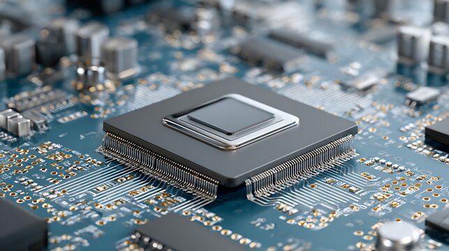 Control module with printed circuit board in modern workspace. Represents technology and engineering innovations. .