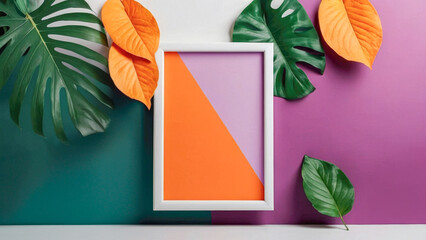 Bright orange, pink, and green shapes with cutout leaves create a bold abstract layout frame