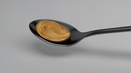 Minimal top view of spoon with golden-brown sauce over soft gray-white backdrop for food styling
