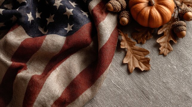 Autumn still life with American flag, small pumpkin, acorns and dry leaves on rustic linen background perfect for Thanksgiving visuals, patriotic seasonal themes and fall decor