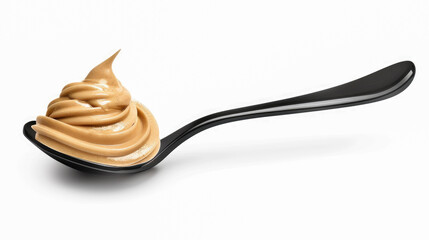 Golden-brown sauce in sleek spoon on soft backdrop highlights healthy, flavorful food presentation