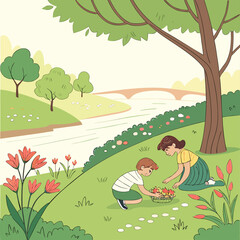 boy and girl in the park with River Vector art Design illustrations, Graphic Design, Green Garden Park Vector Design