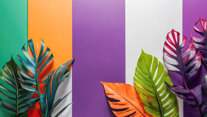 Multicolor backdrop with pink, purple, and green shapes, decorated with vivid leaves, abstract forms