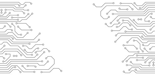 Flat microelectronics circuit board banner isolated on transparent background. The geometric texture of modern digital technology, computer, motherboard, or high-tech technology. Vector illustration
