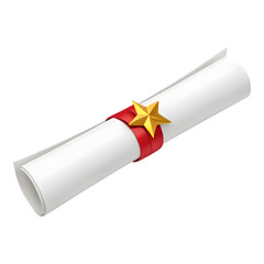 Rolled white certificate with red ribbon and golden star isolated on transparent background