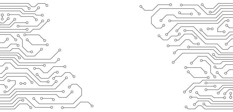 Flat microelectronics circuit board banner isolated on transparent background. The geometric texture of modern digital technology, computer, motherboard, or high-tech technology. Vector illustration