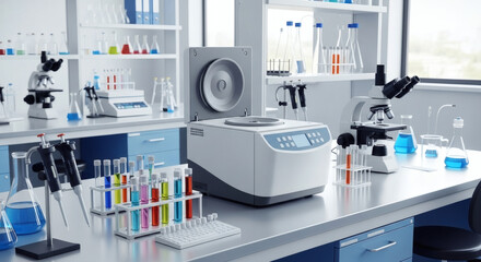 Modern scientific laboratory interior with centrifuges, microscopes, and various lab equipment.