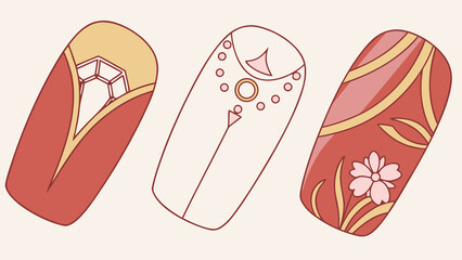 Fototapeta premium Red and gold nail art designs with geometric and floral patterns vector