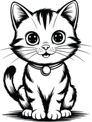 Obraz premium Crayon-style cute cat with playful colors in black and white vector illustration, isolated on white background