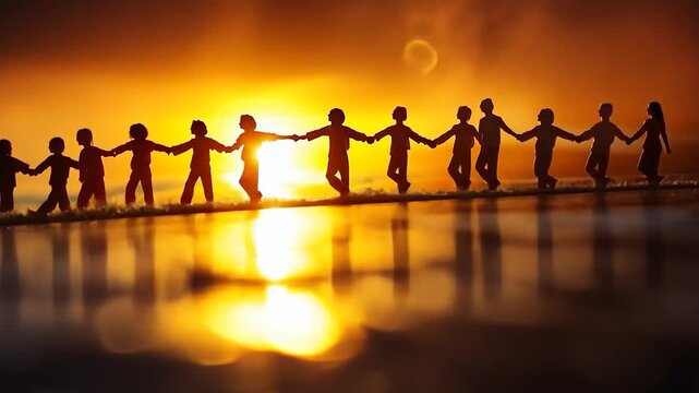 A diverse group of individuals celebrates teamwork by holding hands together during a breathtaking sunset with vibrant colors in the background