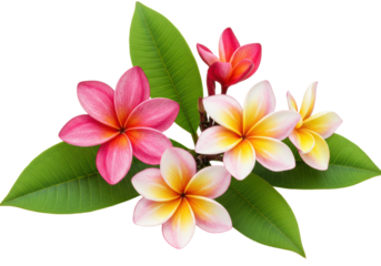 Vibrant plumeria flowers, red, magenta, creamy yellow, and orange buds, with glossy green leaves, arranged organically on a clean white background with copy space, captured with bright, shadowless