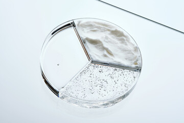 A petri dish with different textures of cosmetics.