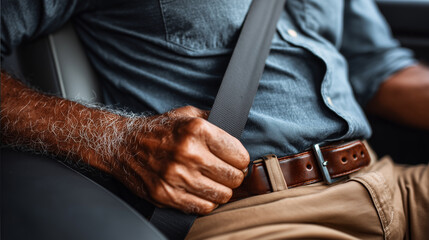 Obraz premium Close up of a man's hand gripping a car seatbelt while seated in a vehicle