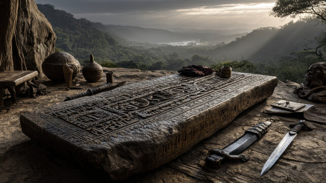 Volcanic slab with ancient carvings in a mountain setting