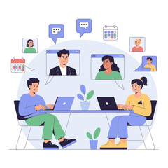 People video conferencing with colleagues on laptops at a desk with plants and calendars visible